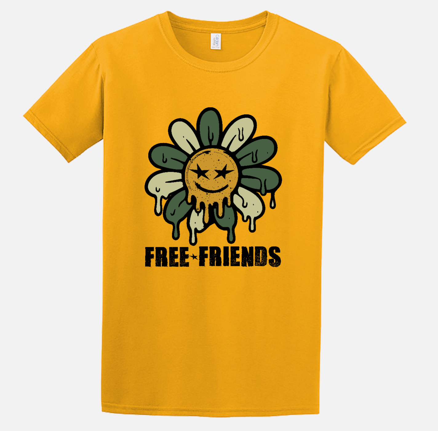 Daisy Tee (Yellow) → Yellow Free Friends t-shirt with dripping daisy graphic and band name text.