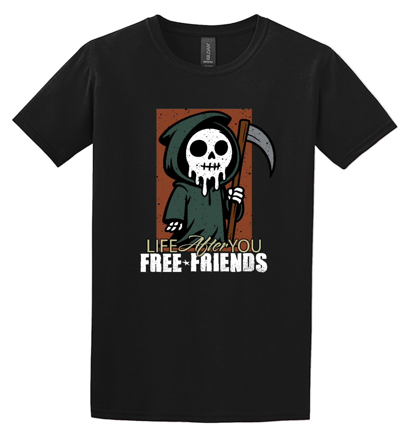 Claude Reaper Tee → Black Free Friends t-shirt featuring Claude the reaper with Life After You text.