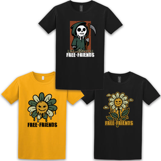 Free Friends Life After You bundle t-shirt options – Reaper design, yellow sunflower design, and black sunflower design