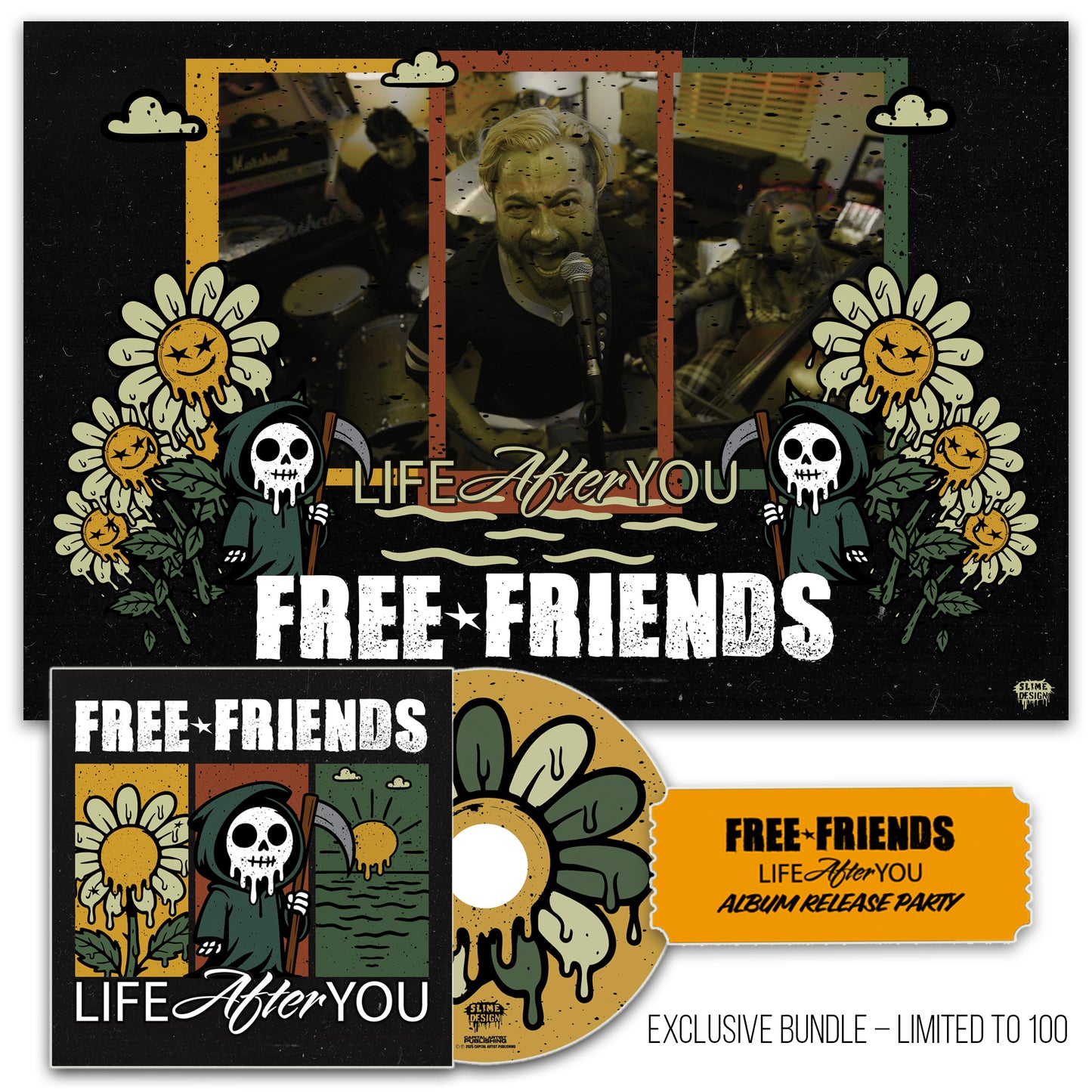 Free Friends Life After You bundle items including signed poster, first pressing CD with sunflower design, album cover art, and release show ticket