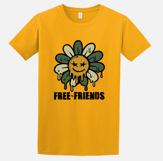 Daisy Tee (Yellow) → Yellow Free Friends t-shirt with dripping daisy graphic and band name text.