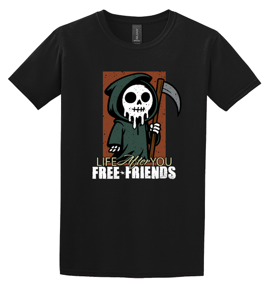 Claude Reaper Tee → Black Free Friends t-shirt featuring Claude the reaper with Life After You text.